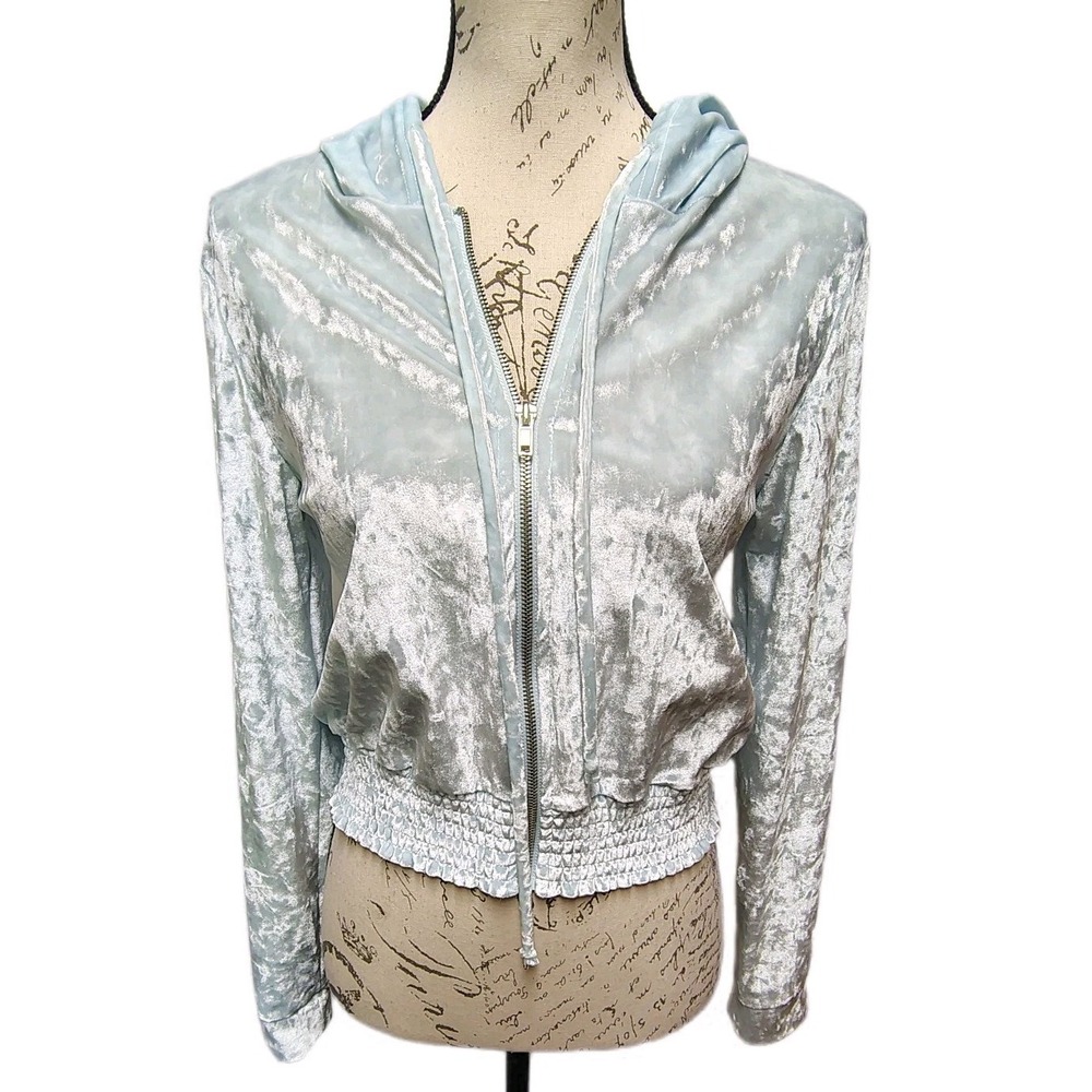 Womens Y2K Pastel‎ Blue Crushed Velvet Crop Zip Up Hoodie XL Soft Girl Kawaii